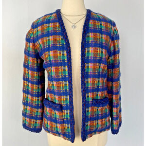 Vintage Blazer Jacket Size Medium Blue Colorful Plaid Tartan Knit Retro 60s 70s